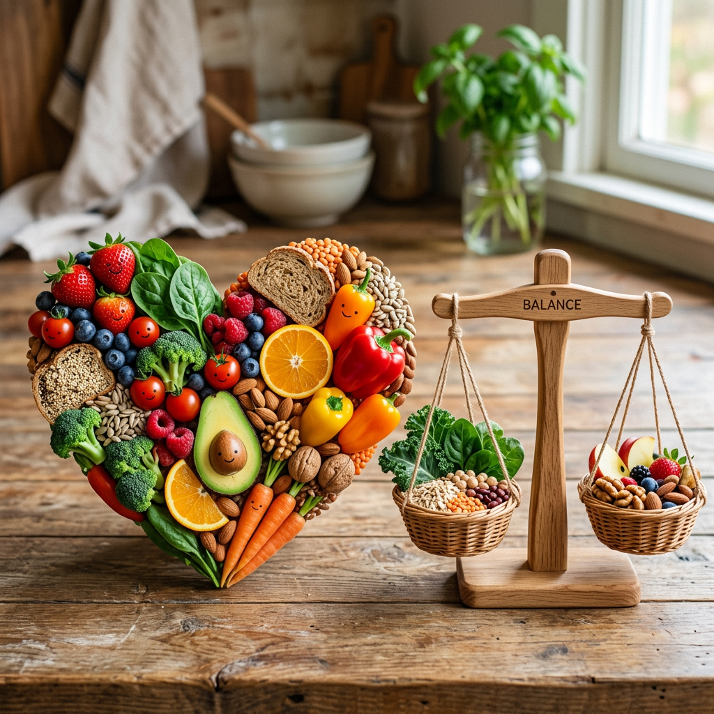 Heart-shaped arrangement of fruits, vegetables, grains, and nuts beside a wooden balance scale with baskets of healthy foods